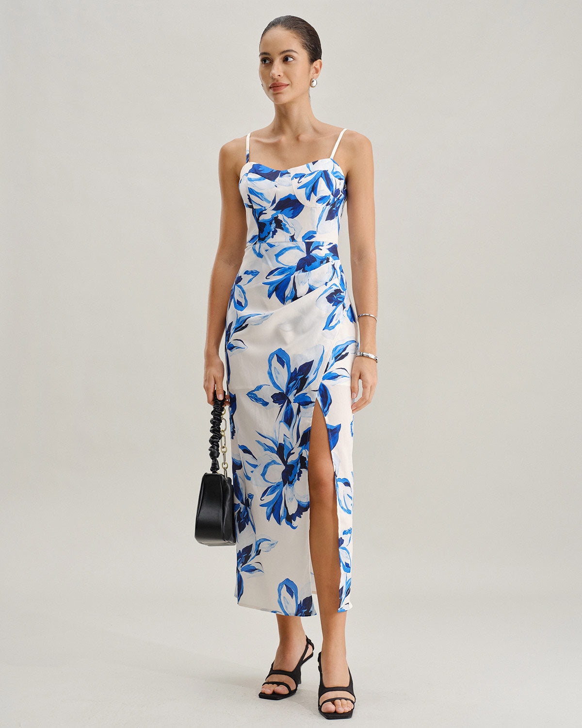 Mavi Çiçek Desenli Bohemian Slip Maxi Elbise