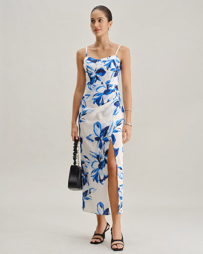 Mavi Çiçek Desenli Bohemian Slip Maxi Elbise