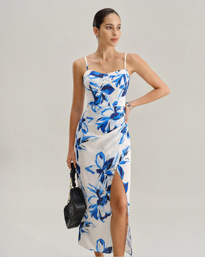 Mavi Çiçek Desenli Bohemian Slip Maxi Elbise