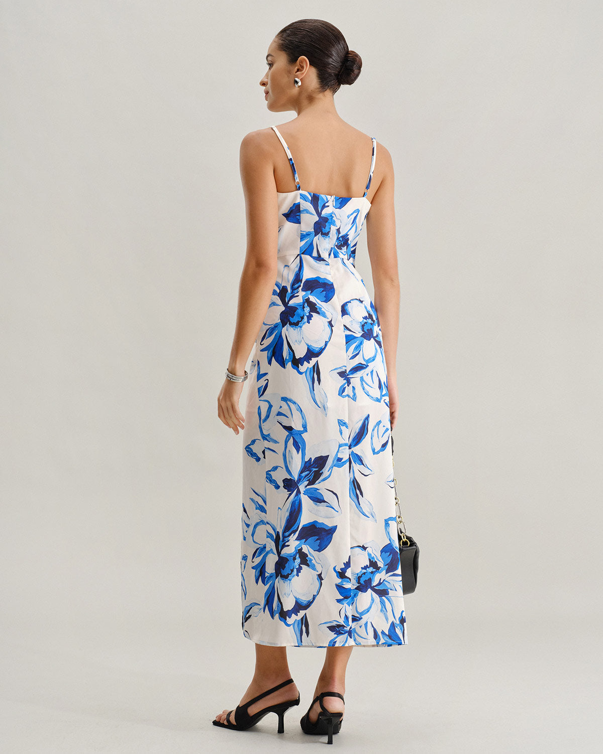 Mavi Çiçek Desenli Bohemian Slip Maxi Elbise