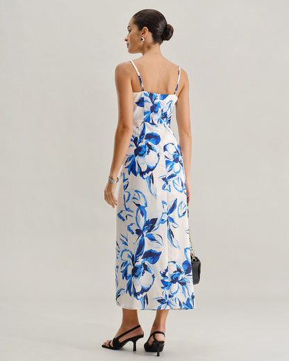 Mavi Çiçek Desenli Bohemian Slip Maxi Elbise