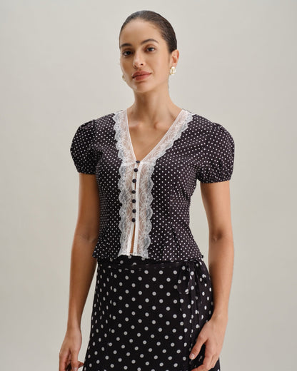 Siyah Puantiyeli Dantelli Trim Bluz