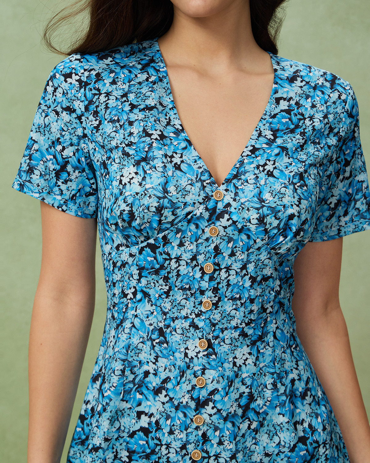 Mavi Çiçek Desenli V-Neck Düğmeli Mini Elbise