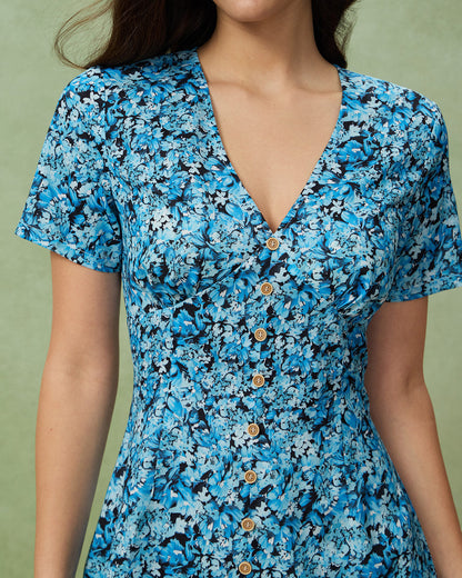 Mavi Çiçek Desenli V-Neck Düğmeli Mini Elbise