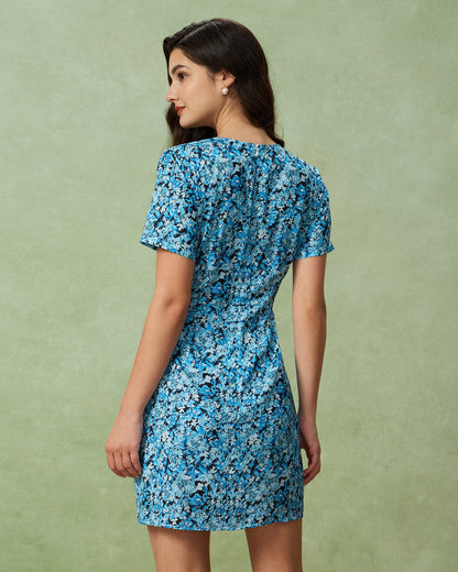Mavi Çiçek Desenli V-Neck Düğmeli Mini Elbise