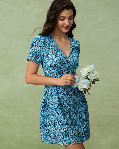 Mavi Çiçek Desenli V-Neck Düğmeli Mini Elbise