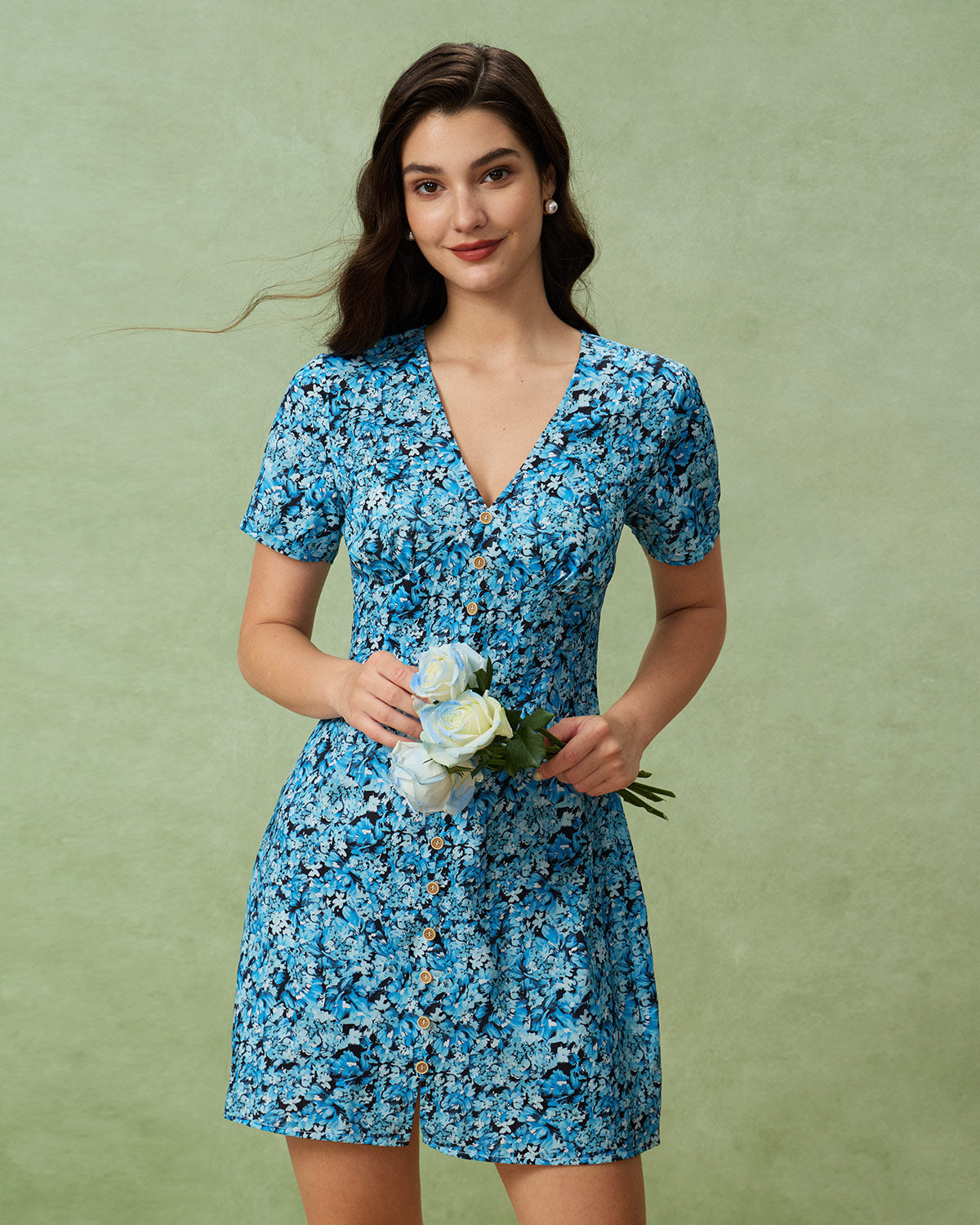 Mavi Çiçek Desenli V-Neck Düğmeli Mini Elbise