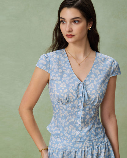 Mavi Çiçek Desenli V-Neck Bluz