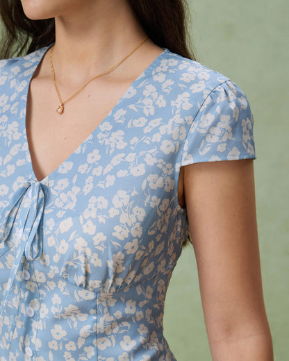Mavi Çiçek Desenli V-Neck Bluz