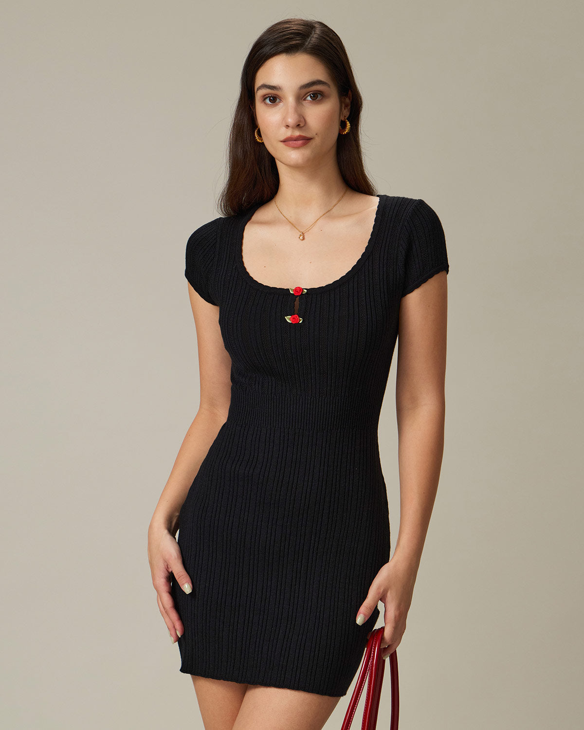 Siyah Yuvarlak Yaka Ribbed Mini Elbise