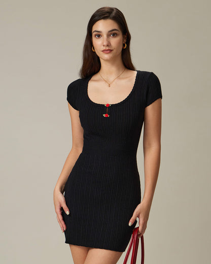Siyah Yuvarlak Yaka Ribbed Mini Elbise