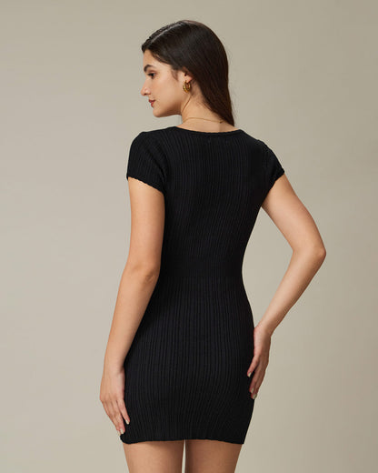 Siyah Yuvarlak Yaka Ribbed Mini Elbise