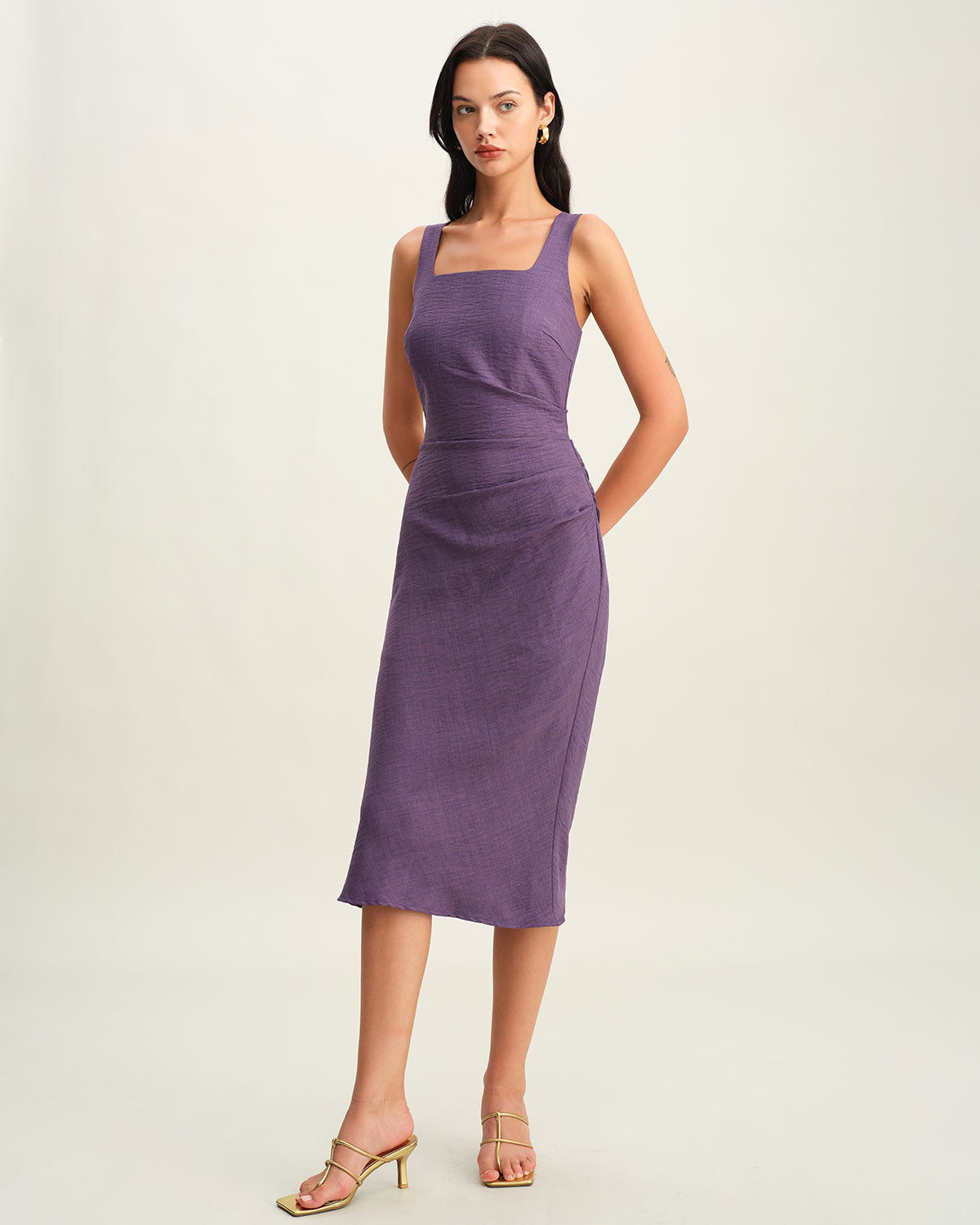 Mor Kare Yaka Slip Midi Elbise