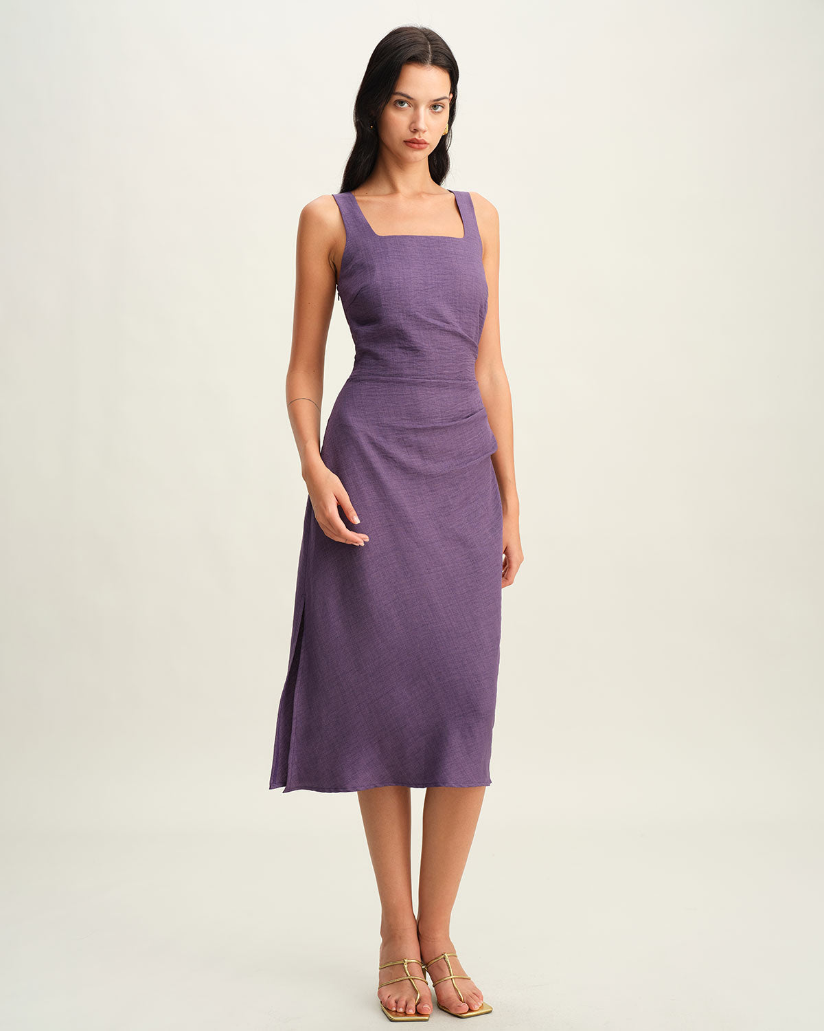 Mor Kare Yaka Slip Midi Elbise