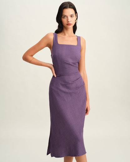 Mor Kare Yaka Slip Midi Elbise