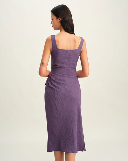 Mor Kare Yaka Slip Midi Elbise
