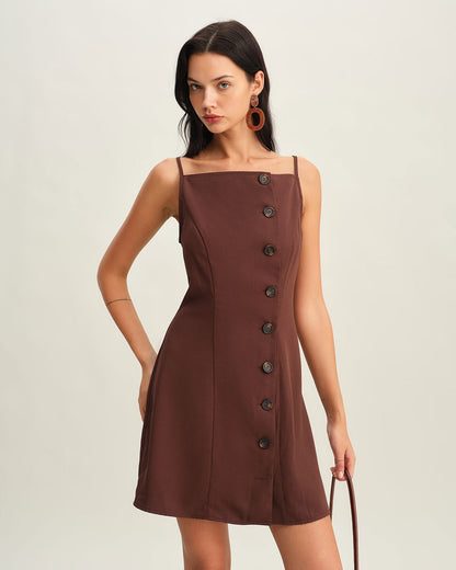 Kahverengi Düğmeli Pileli Slip Mini Elbise