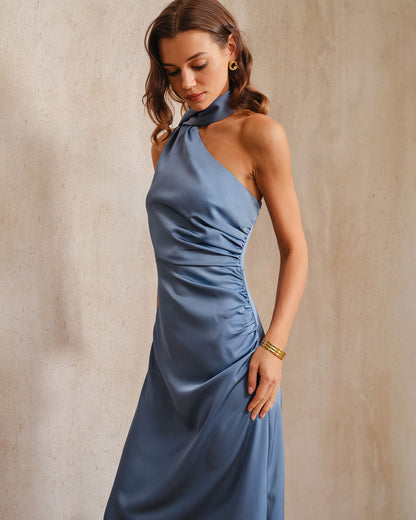 Mavi One Shoulder A Kesim Saten Maxi Elbise