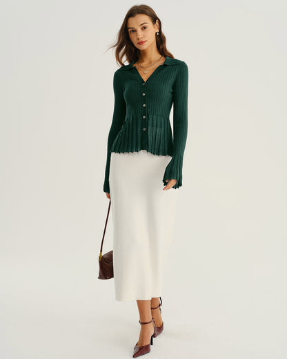 Yeşil V-Neck Volan Kol Triko Hırka