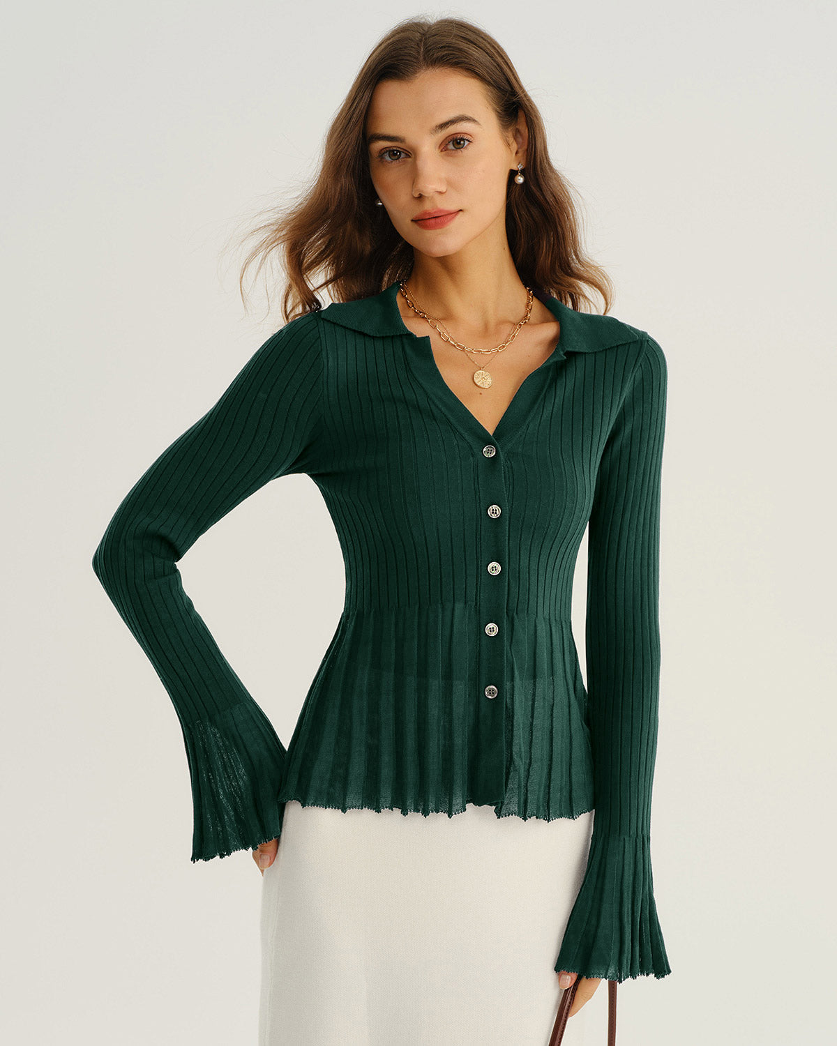 Yeşil V-Neck Volan Kol Triko Hırka