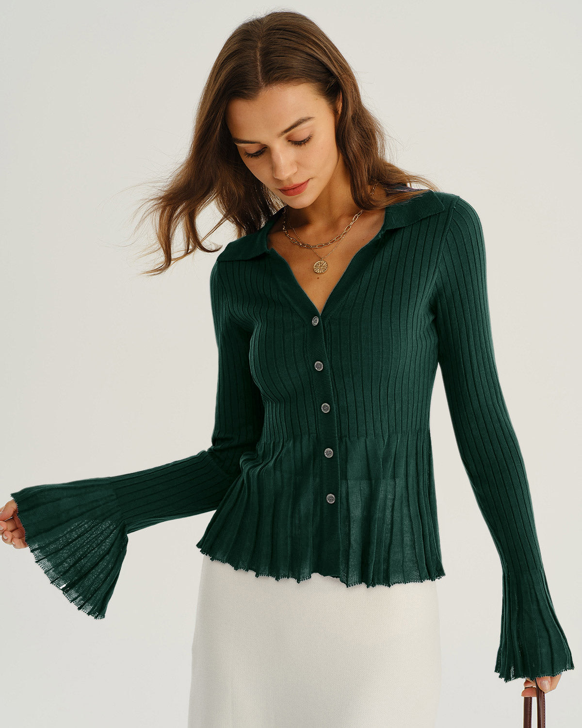Yeşil V-Neck Volan Kol Triko Hırka