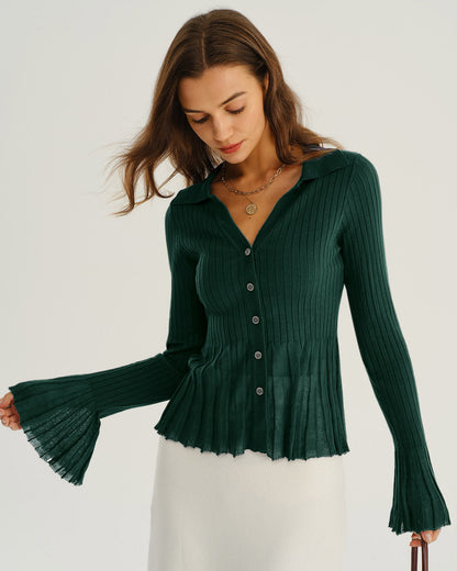 Yeşil V-Neck Volan Kol Triko Hırka