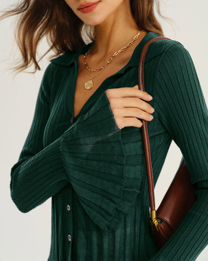 Yeşil V-Neck Volan Kol Triko Hırka
