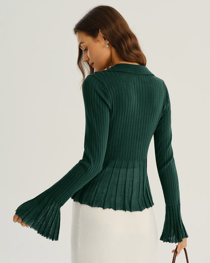 Yeşil V-Neck Volan Kol Triko Hırka
