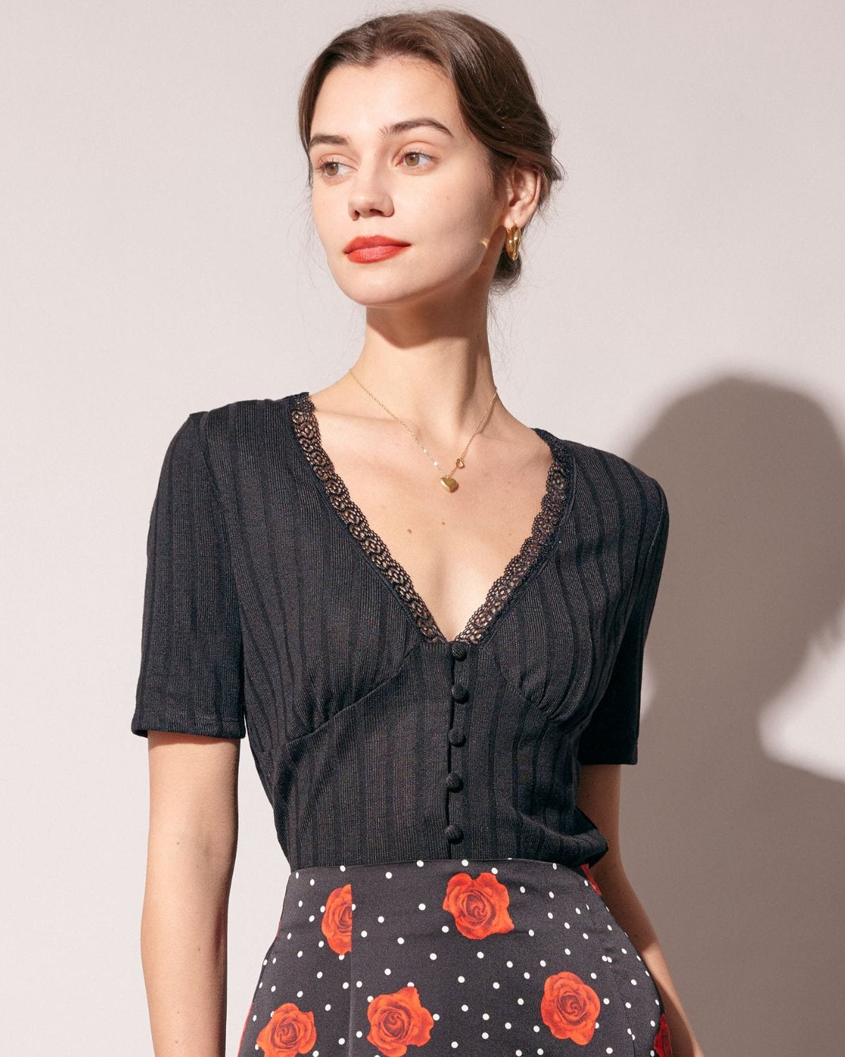 Ribbed Dantelli Trim Tişört