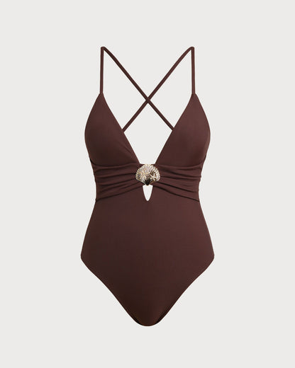 Kahverengi Dekolteli Tek Parça Mayo Swimwear