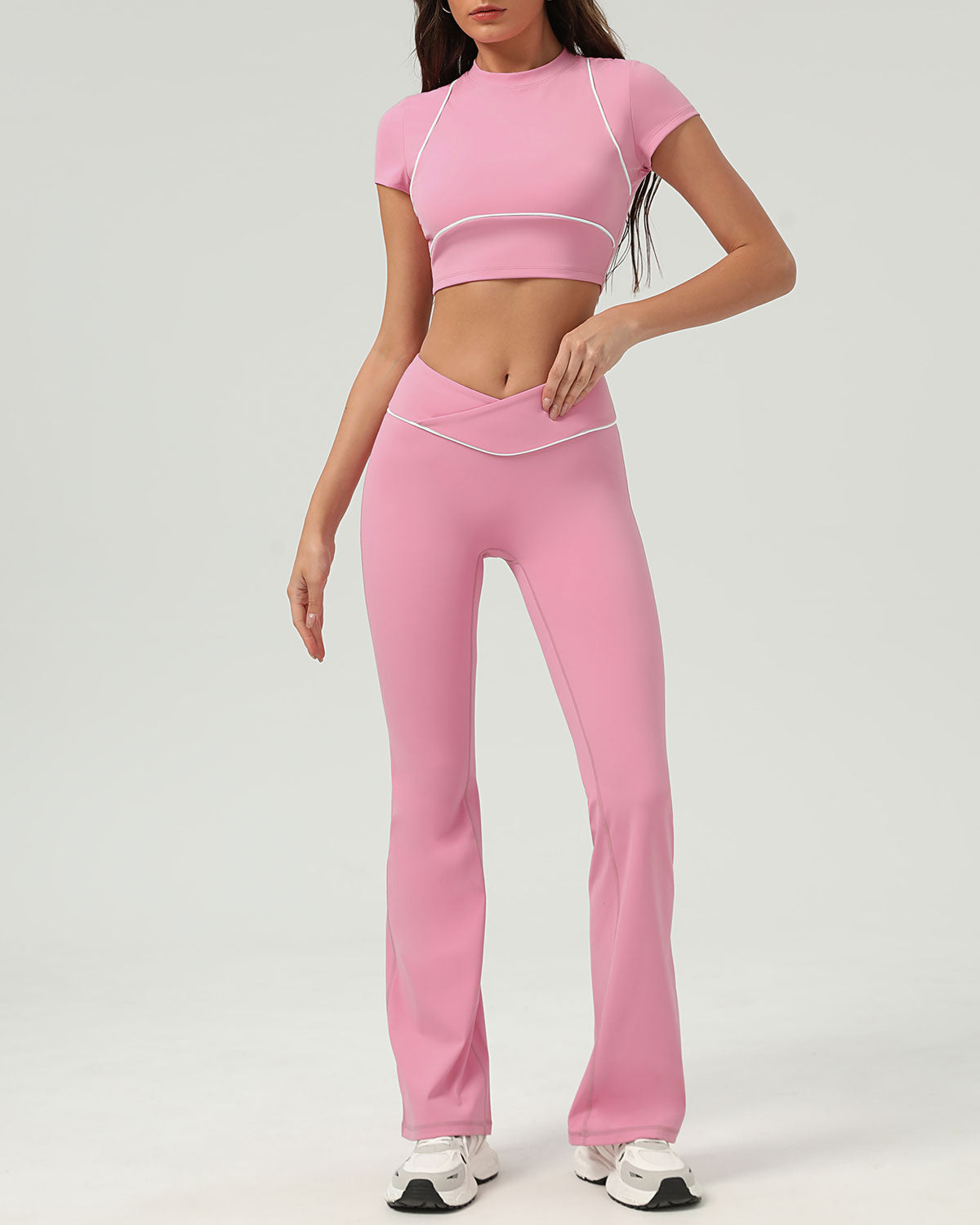 Pembe Yuvarlak Yaka Yoga Kısa Sleeve Üst - Hafif Destekli