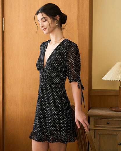 Siyah Deep V Yaka Puantiyeli Mini Elbise