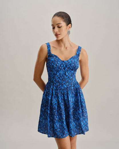 Mavi Çiçek Desenli U-Neck Büzgülü Mini Elbise