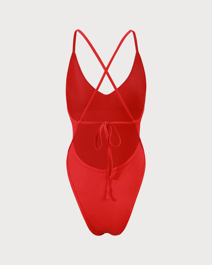 Kırmızı Ribbed Cross Back Tek Parça Mayo Swimwear