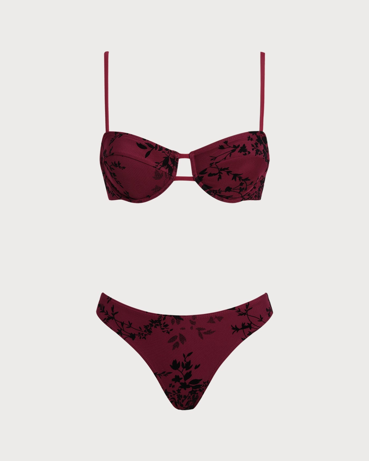 Kırmızı Çiçek Desenli Balenli Bikini Takımı