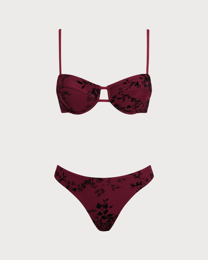 Kırmızı Çiçek Desenli Balenli Bikini Takımı