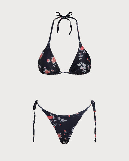Siyah Çiçek Desenli Üçgen Bikini Takımı