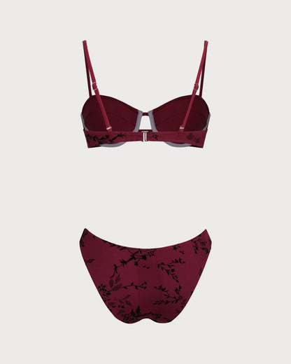 Kırmızı Çiçek Desenli Balenli Bikini Takımı