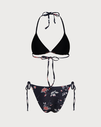 Siyah Çiçek Desenli Üçgen Bikini Takımı
