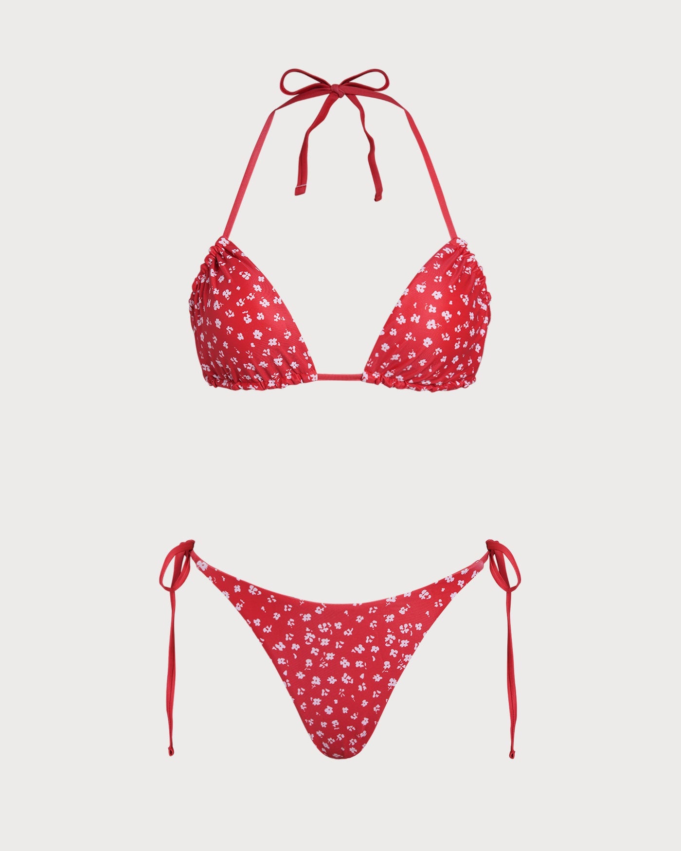 Kırmızı Çiçek Desenli Büzgü Bağlamalı Üçgen Bikini Takımı