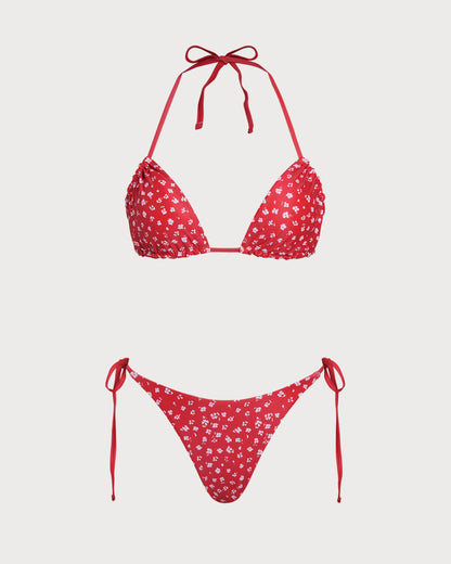 Kırmızı Çiçek Desenli Büzgü Bağlamalı Üçgen Bikini Takımı