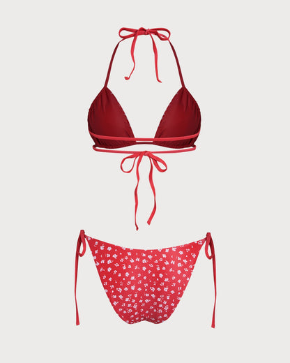 Kırmızı Çiçek Desenli Büzgü Bağlamalı Üçgen Bikini Takımı