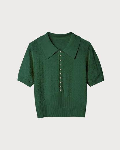 Yeşil Kısa Sleeve Dokulu Lapel Triko Tişört