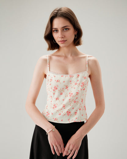 Pembe Çiçek Desenli Crop Cami Üst