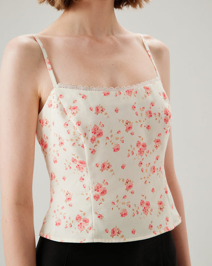 Pembe Çiçek Desenli Crop Cami Üst