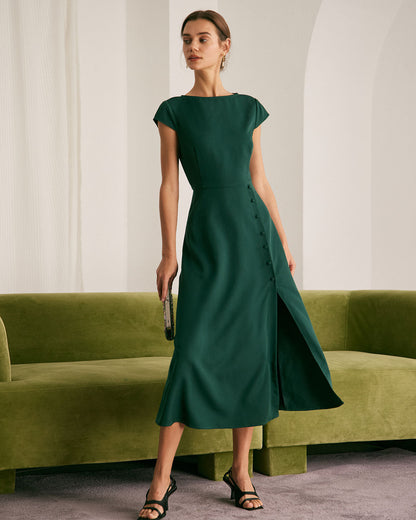 Yeşil Kayık Yaka Cutout Back Midi Elbise