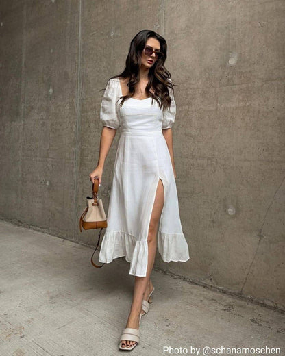 Balon Kol Split Hem Midi Elbise