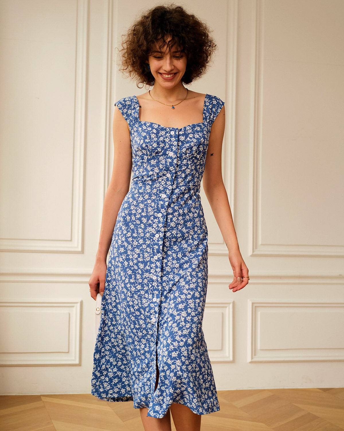Single-breasted Çiçek Desenli Midi Elbise