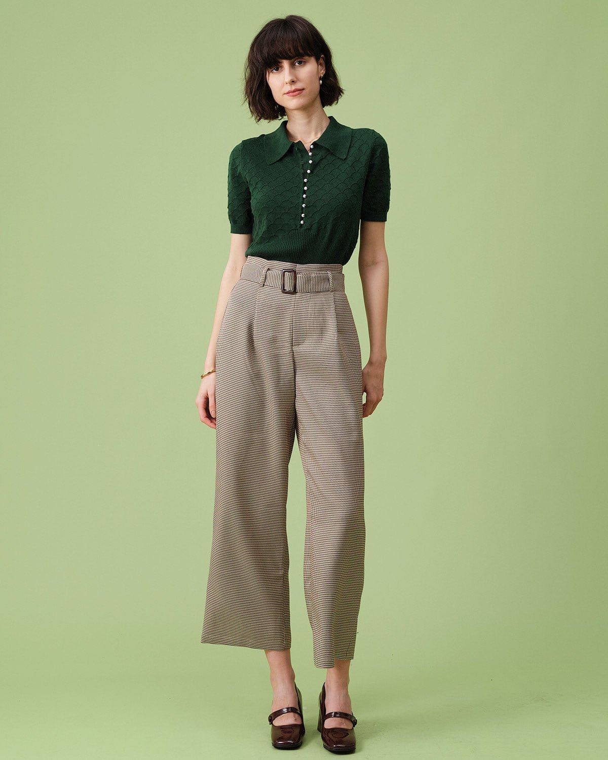 Yeşil Kısa Sleeve Dokulu Lapel Triko Tişört