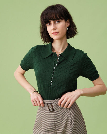 Yeşil Kısa Sleeve Dokulu Lapel Triko Tişört